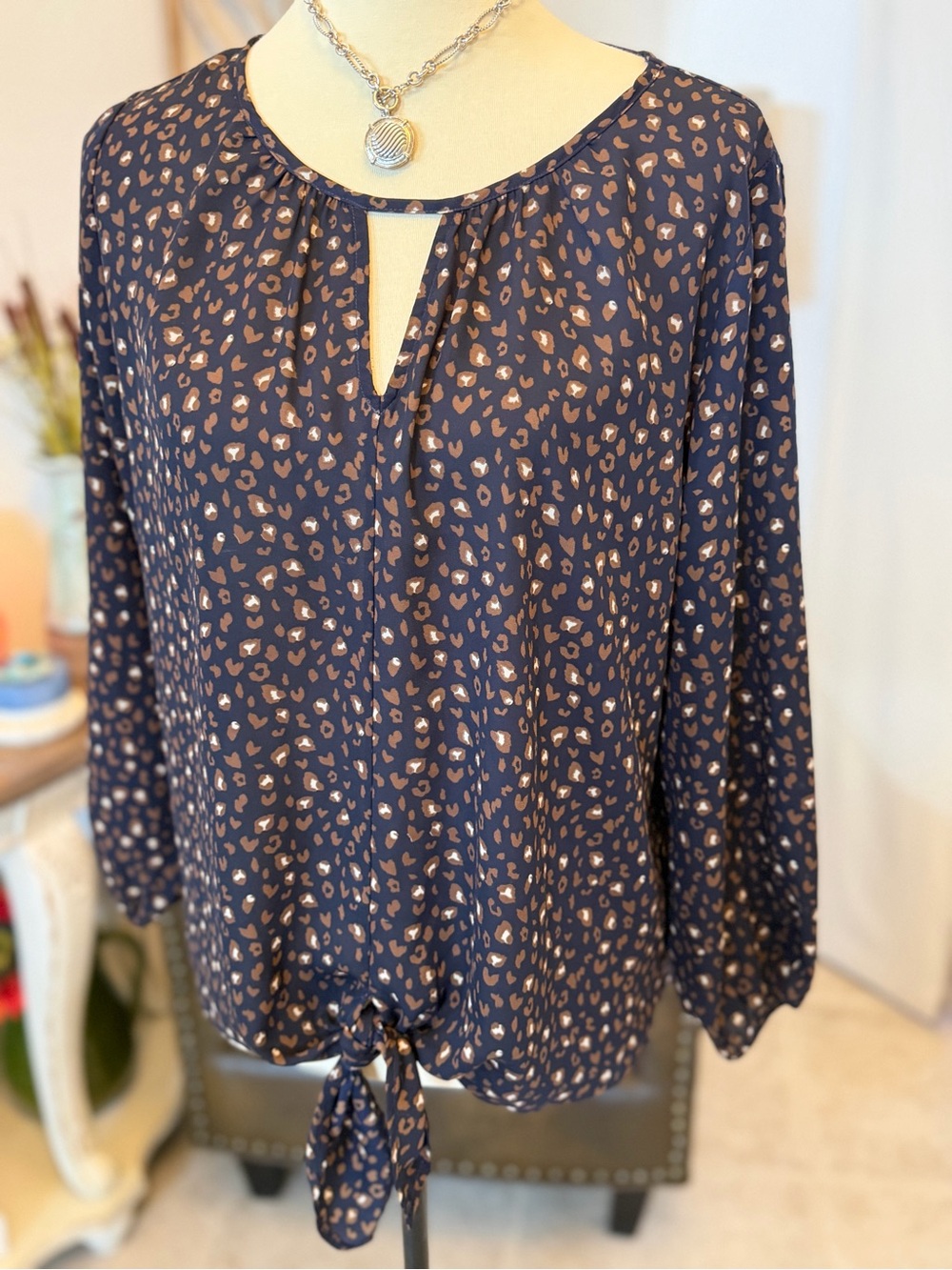 West Kei Navy and Tan Leopard-Print Tie-Front Blouse